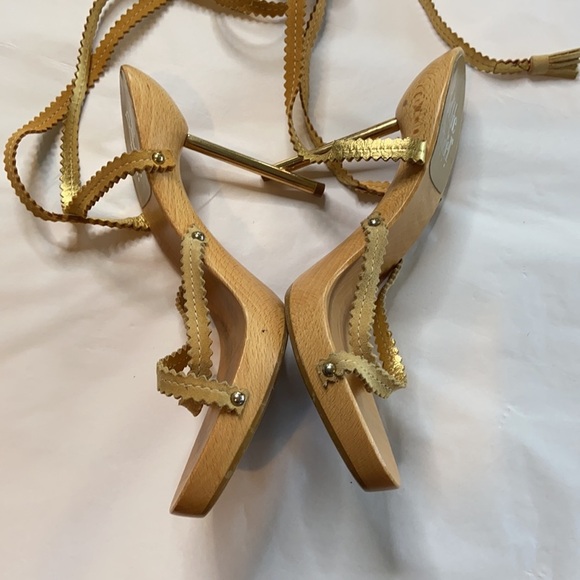 RODOLPHE MENUDIER WOODEN GOLD SUEDE PLATFORM HIGH WRAP‎ SANDAL SIZE 9 - Picture 2 of 6